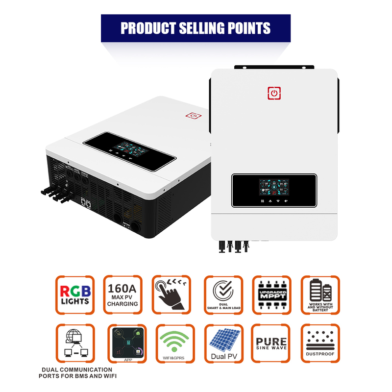 AAN/AF sonkrag-omskakelaar MAX DUAL PV 10.2KW 160A MPPT Dubbele kommunikasiepoorte vir Batterykommunikasie en Wifi-kommunikasie