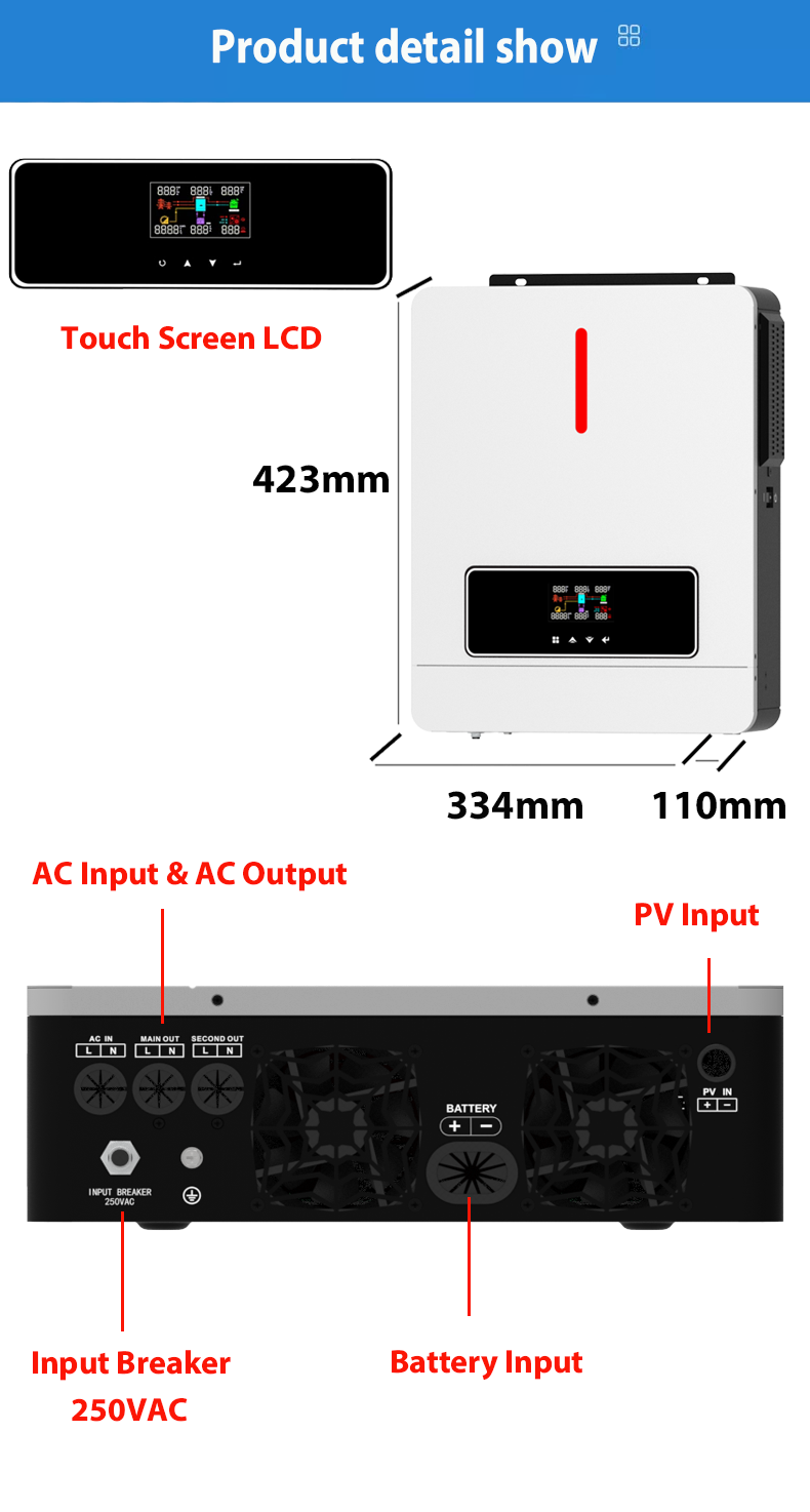 NM-ECO Aan/Af-rooster 6.2KW 48V Sonkrag-omskakelaar 120A MPPT-laaierbeheerder RGB-lig Dubbele uitset 230VAC